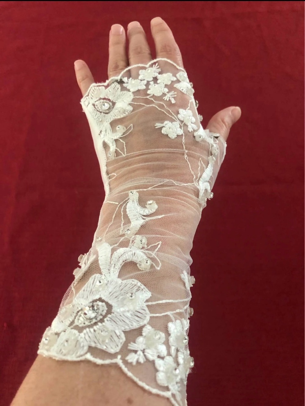 Sheer White Lace Wrist Gloves with Floral Appliqué